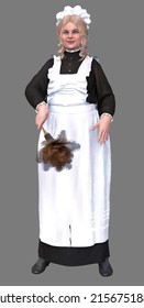 Medieval Character, Realistic 3d Render Of Historical People. Maid In White And Black Uniform