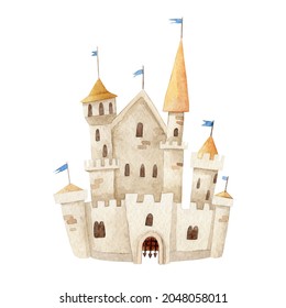 Medieval childish castle watercolor hand drawn illustration. Paint drawing fairy tail antique building with towers, flags, windows and gate isolated. Watercolor illustration