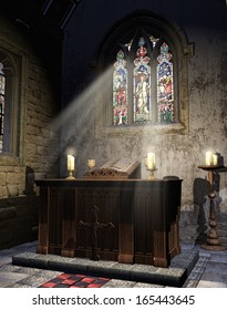 Medieval Church Altar With A Book And Candles