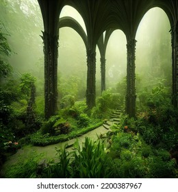 Medieval City In The Forest. Nature, Trees, Grass And Plants With Stone Stairs And Stone Arch. Elf City, Fantasy Background, Medieval Wallpaper.