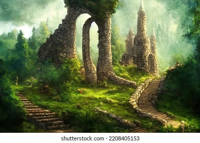 Medieval City In The Forest. Nature, Trees, Grass And Plants With Stone Stairs And Stone Arch. Elf City, Fantasy Background, Medieval Wallpaper.