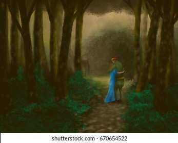 Medieval Couple Hugging Deeply In Love Rendezvous In The Forest, Run Away To Be Married Into The Royal Family Artwork Painting Illustration