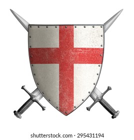 Medieval Crusader Knight Shield With Cross Red And Two Swords Isolated