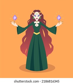 Medieval Evil Witch In Green Long Dress, Isolated Fantasy Character. Flat Illustration Of Villain Stepmother Sorceress With Crystals. 