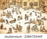 Medieval fair, middle ages, fair, exchange of goods, trade, old way of life, once upon a time, town square, people, traders, musicians, entertainers, cartoon flat middle ages or fairy tale