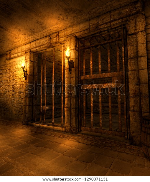 刑務所の細胞が並ぶ中世の幻想的なダンジョンの廊下 松明で照らされ 3dレンダリング のイラスト素材