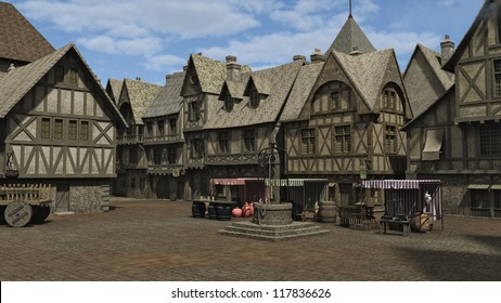 Medieval Or Fantasy Town Square And Market Place, 3d Digitally Rendered Illustration