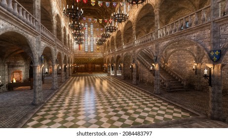 Medieval Great Hall In A Palace Or Castle. 3D Illustration.