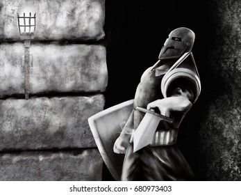 Medieval Guard Warrior Stopping Intruder From Passing The Castle Gate Artwork Painting Illustration 