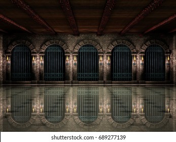 Medieval Hall And Iron Railings.3d Illustration