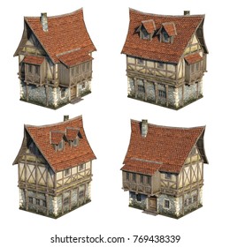 Medieval House Set. 3D Illustration