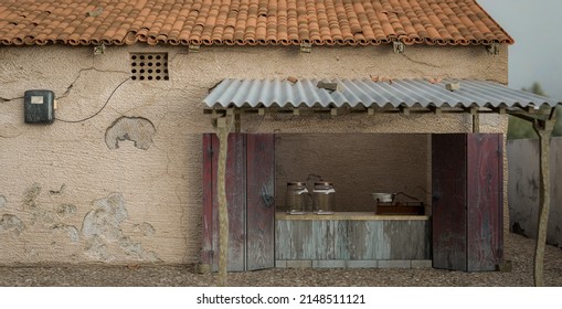 Medieval Indian rural house with old roof tiles and electric meter on the cracked wall with steel roofing sheets supporting with wooden poles.