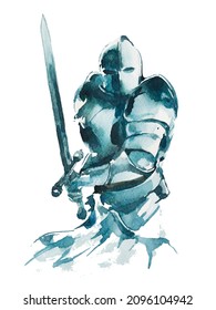 Medieval knight design. Watercolor hand painted fairytale illustration. Warrior fantastic clipart isolated on a white background. Kingdom themed graphics.