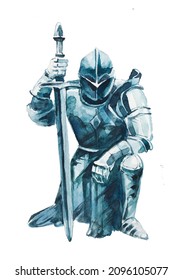 Medieval knight design. Watercolor hand painted fairytale illustration. Warrior fantastic clipart isolated on a white background. Kingdom themed graphics.