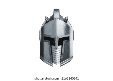 Medieval knight helmet isolated on white background, military armor of the past. 3D render, 3D illustration