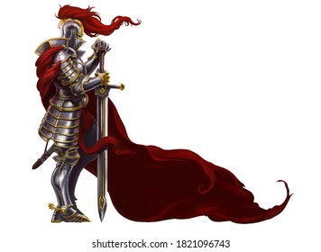 Medieval knight with long sword. Strong warrior in a red cloak.