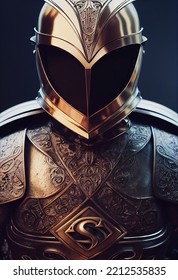 Medieval Knight Portrait. Knight Armour, Holm, Helmet. Metal Armour, Iron, Steel Armour, Barroque Armour Style. Scary Knight. Photo Realistic Concept Art, Wallpaper