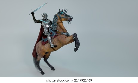 A medieval knight in shining armor with a sword in a helmet with a lowered visor riding a war horse. The horse in armor reared up. 3D rendering
