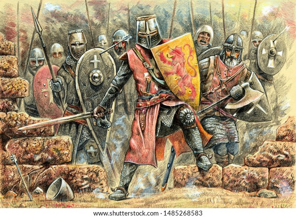 Medieval\
knights attack illustration. Battle with Johanniter knights.\
Medieval battlefield and Conquest of\
Jerusalem.