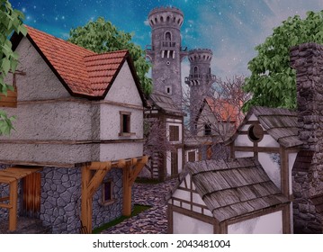 Medieval Little Town With Toon Shader 3D Illustration