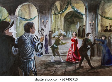 Medieval masquerade, dancing, hand drawing watercolor illustration - Powered by Shutterstock