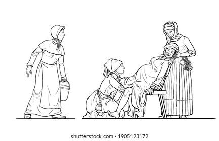 Medieval midwife receives birth of a child. Historical illustration.
