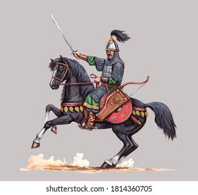 Medieval mounted knight. Heavy armored rider. Warrior with sword illustration.