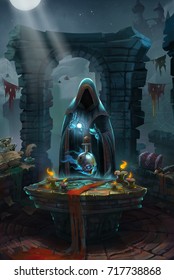 Medieval, The Priory and The Priest or Monk. Video Game's Digital CG Artwork, Colorful Concept Illustration, Realistic Cartoon Style Background