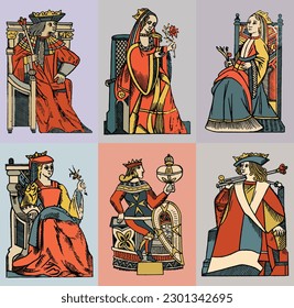 Medieval queen   king  Set vector illustrations in vintage style 