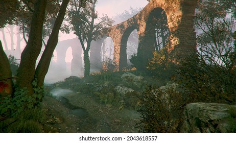 Medieval Ruins In The Forest, 3D Illustration