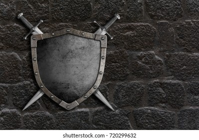 medieval shield with crossed swords over castle stone wall 3d illustration