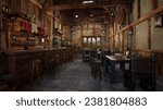 Medieval tavern bar with food and drink on tables and daylight through a window. 3D rendering.