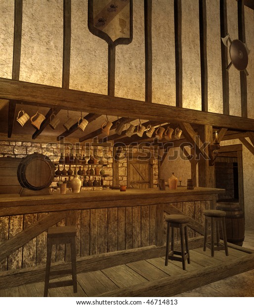 中世の酒場カウンター 瓶と樽 のイラスト素材