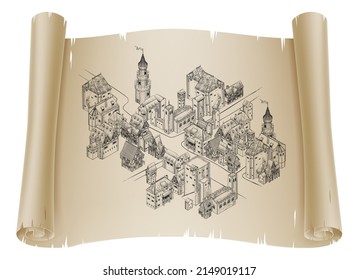 A Medieval Town Map Illustration In A Vintage Retro Engraved Woodcut Etching Style