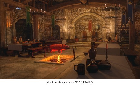 Medieval Viking Dining Hall Interior With A Boar Roasting Over An Open Fire. 3D Illustration.