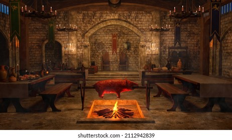 Medieval Viking dining hall interior with a pig roasting over an open fire and thrones in an archway in the background. 3D rendering.