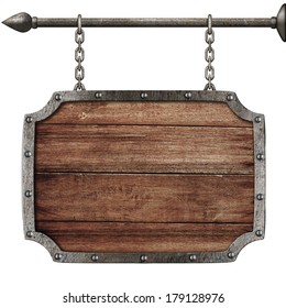 medieval wood sign hanging on chains isolated on white - Shutterstock ID 179128976