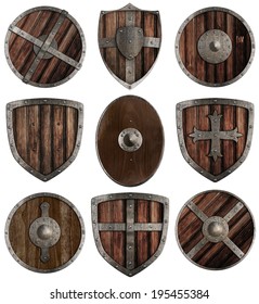 Medieval Wooden Shields Collection Isolated On Stock Illustration 195455384