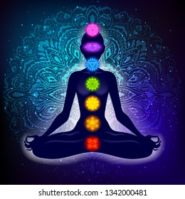 Meditating woman in lotus pose. Yoga illustration. Colorful 7 chakras and aura glow. Mandala background.