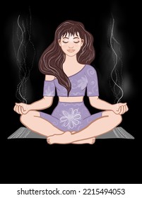 Meditating Woman In Lotus Position With Closed Eyes And Energy Flow From Her Hands