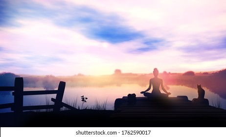 Meditation At Dawn In Nature And Quiet Lake. 3D Illustration