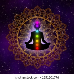 Meditation man with aura, seven chakras, and glow mandala in the galaxy illustration concept design background.