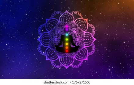 Meditation man with floral mandala background in the universe.