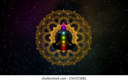 Meditation man and his seven chakras with gold floral mandala in the universe.