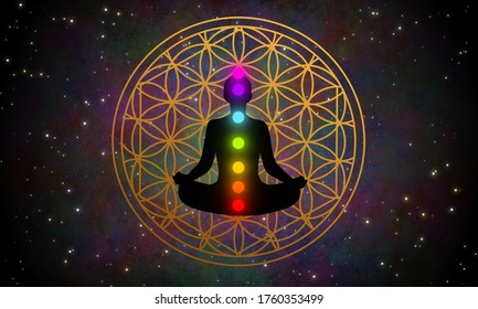 Meditation man with seven chakra and the flower of life geometry sign in the universe.