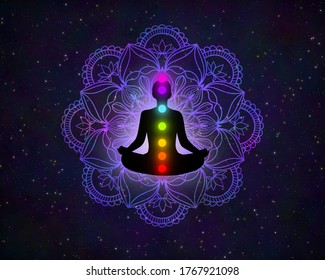 Meditation man with seven chakra over floral mandala in the beautiful universe.