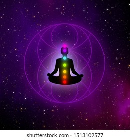 Meditation man with seven chakras and eye trinity symbol on colorful galaxy design background.