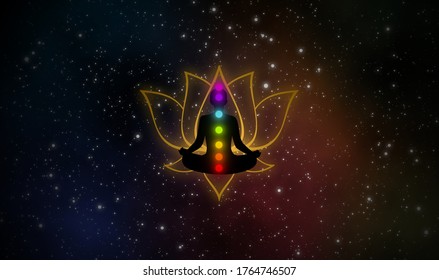 Meditation man with seven chakras and golden lotus sign in the universe.