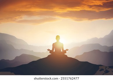 Meditative figure practicing yoga at sunrise in a tranquil landscape, promoting relaxation, spirituality, and wellness - Powered by Shutterstock