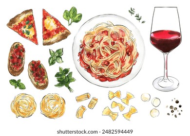 Mediterranean cuisine. Food illustration sketch watercolor ink. Pizza, pasta, glass of wine, bruschetta - Powered by Shutterstock